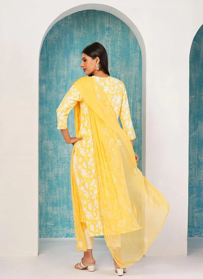 جو سريكي كورتا مطبوعة مستقيمة من GoSriKi بمزيج قطني نسائي مع بنطال ودوباتا (MEI YELLOW-ND-GS_L_Yellow_Large)